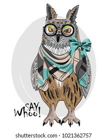 Vector owl with glasses and scarf. Hand drawn illustration of owl. 