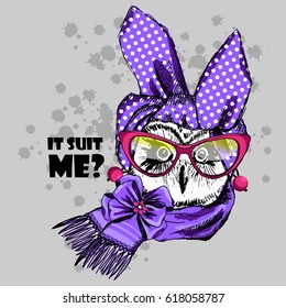 Vector owl with glasses and turban. Hand drawn illustration of owl.