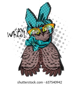 Vector owl with glasses and turban. Hand drawn illustration of dressed owl.