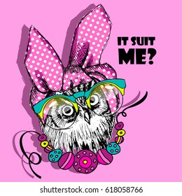 Vector owl with glasses, turban, and necklace. Hand drawn illustration of owl.