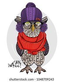 Vector owl with glasses, violet knitted hat and red scarf. Hand drawn illustration of dressed owl. 