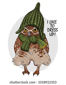 Vector owl with green knitted hat and scarf. Hand drawn illustration of owl. 