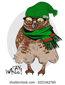 Vector owl with green knitted hat, glasses and scarf. Hand drawn illustration of owl. 