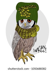 Vector owl with green knitted hat and scarf. Hand drawn illustration of dressed owl. 