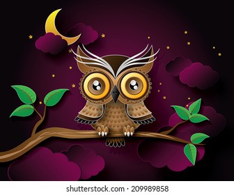 vector of owl hang on the tree with moon. paper art style