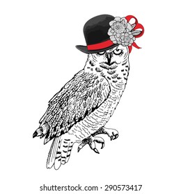 Vector  owl in hat and flower  White  black  red  Painted hands 