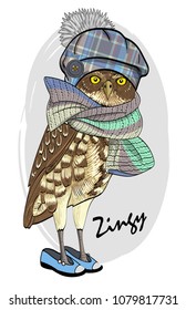 Vector owl with hat and  knitted scarf. Hand drawn illustration of dressed bird. 