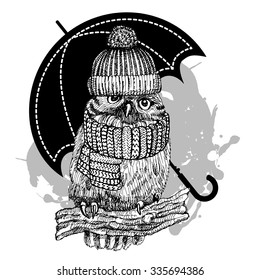 Vector owl in a hat and scarf. Owlet with umbrella. White and black