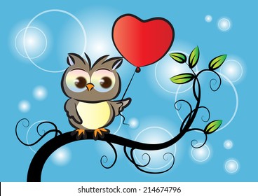 vector owl holding a heart shape balloon on the tree