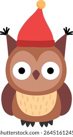 Vector owl icon. Magic creature clipart. Cute fairytale character. Woodland fantasy animal or bird with red hat on head. Forest fairy tale illustration isolated on white background
