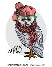 Vector owl with knitted beret, glasses and scarf. Hand drawn illustration of owl. 