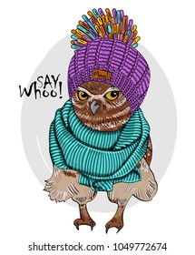 Vector owl with knitted hat and blue scarf. Hand drawn illustration of dressed owl. 