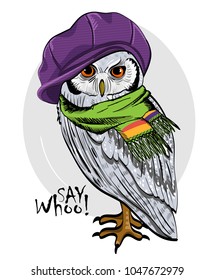 Vector owl with knitted hat with ears, glasses and scarf. Hand drawn illustration of dressed owl.
