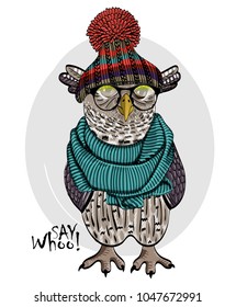 Vector owl with knitted hat, glasses and scarf. Hand drawn illustration of dressed owl.
