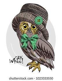 Vector owl with knitted hat and green bow. Hand drawn illustration of dressed owl.