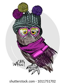 Vector owl with knitted hat and violet scarf. Hand drawn illustration of owl.