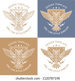 Vector owl in a linear style against the backdrop of a shield with lightning in the paws - emblem, logo, print design