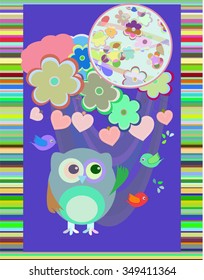 vector owl in love and bird with flowers textile stickers