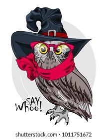 Vector owl with magic hat and red scarf. Hand drawn illustration of owl.
