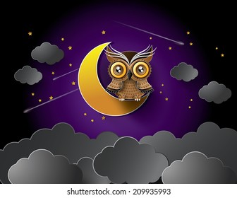 vector of owl and moon.paper art style.