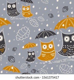 Vector owl with oak branch and umbrella, rain, acorns and leaves. Forest background, birds texture, vector design.
