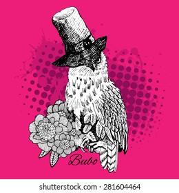 Vector owl on a branch with flowers and hat. White, black, pink.