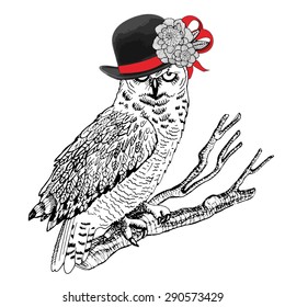 Vector owl branch in hat and flower  White  black  red  Painted hands  