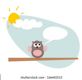 Vector owl on the branch talking, giving instructions. Sunny day with clouds illustration. Sweet, funny symbol of school knowledge and wisdom enlightening people. Banner or flat design website element