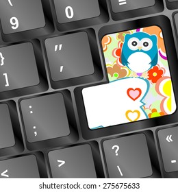 vector owl on computer keyboard key with love hearts, vector owlet