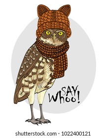 Vector owl with orange knitted hat and scarf. Hand drawn illustration of owl. 