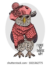 Vector owl with pink knitted beret and scarf. Hand drawn illustration of owl. 