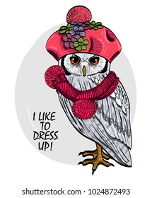Vector owl with pink knitted beret and scarf. Hand drawn illustration of dressed owl.