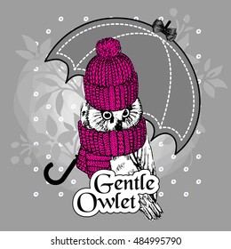 Vector owl in a pink knitted hat and scarf with umbrella. Hand drawn illustration of dressed owl.