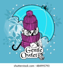 Vector owl in a pink knitted hat and scarf with blue umbrella. Hand drawn illustration of dressed owl.
