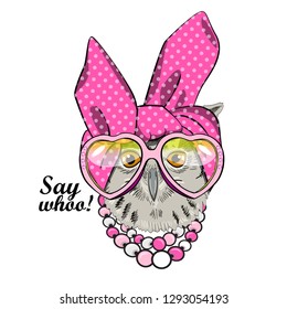 Vector owl with pink turban, glasses  and necklace. Hand drawn illustration of dressed owlet.