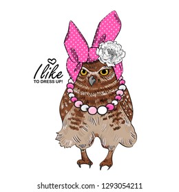 Vector owl with pink turban, white flower, glasses  and necklace. Hand drawn illustration of dressed owlet.