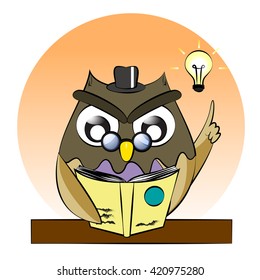 A vector of owl reading book,owl genius,clever owl read book