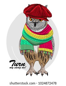 Vector owl with red cap and scarf. Hand drawn illustration of dressed owl.