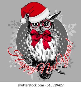 Vector owl in a red hat. Santa. Christmas. Greeting card. Hand drawn illustration