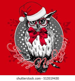 Vector owl in a red hat. Santa. Christmas. Greeting card. Hand drawn illustration