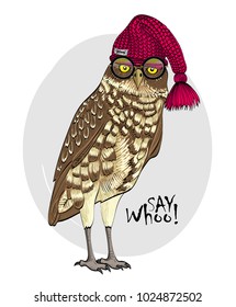 Vector owl with red knitted hat and glasses. Hand drawn illustration of dressed owl.