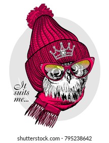 Vector owl with red knitted hat, scarf  and glasses. Hand drawn illustration of owl.