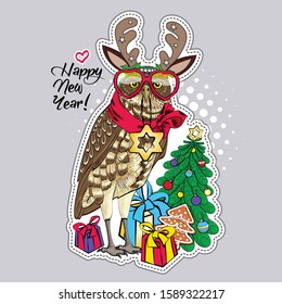 Vector owl - santa claus with a red  scarf, glasses, presents, christmas tree and christmas horns. Hand drawn illustration of dressed owl. Happy New Year.