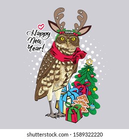 Vector owl - santa claus with a red  scarf, presents, christmas tree and christmas horns. Hand drawn illustration of dressed owl. Happy New Year.