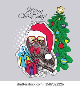 Vector owl - santa claus with a red cap, glasses, scarf, presents and christmas tree. Hand drawn illustration of dressed owl. Happy New Year, Merry Christmas. 