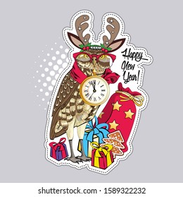 Vector owl - santa claus with a red  scarf, red glasses, presents, clock and christmas horns. Hand drawn illustration of dressed owl. Happy New Year.