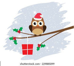 vector owl in Santa hat with present Christmas card 