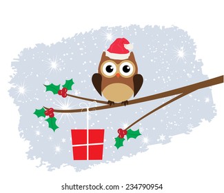 vector owl in Santa hat sitting in the tree with holly leaves and present box