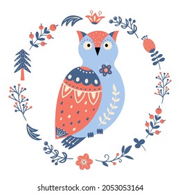 Vector owl in scandinavian style. Folk forest animal. Winter christmas bird in nordic style. Folklore woodland character in floral wreath with flowers. Isolated on white background.