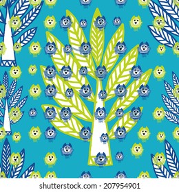 Vector Owl Seamless Pattern, Blue Background. Hand drawn
